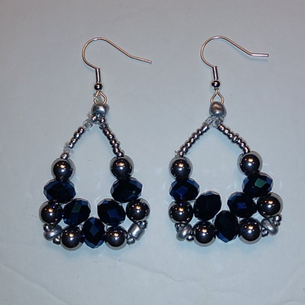 Handmade Blue & Silver Bead Hoop Earrings